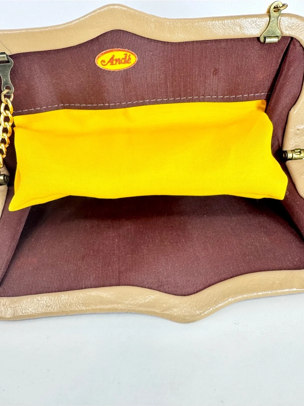 Vintage 1950s Ande Metallic Gold Leather Frame Clutch - Convertible Chain Strap